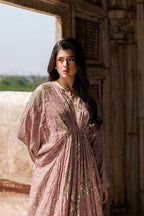 Rosewood Pink Gown with Metallic Gold Work | Ready To Wear