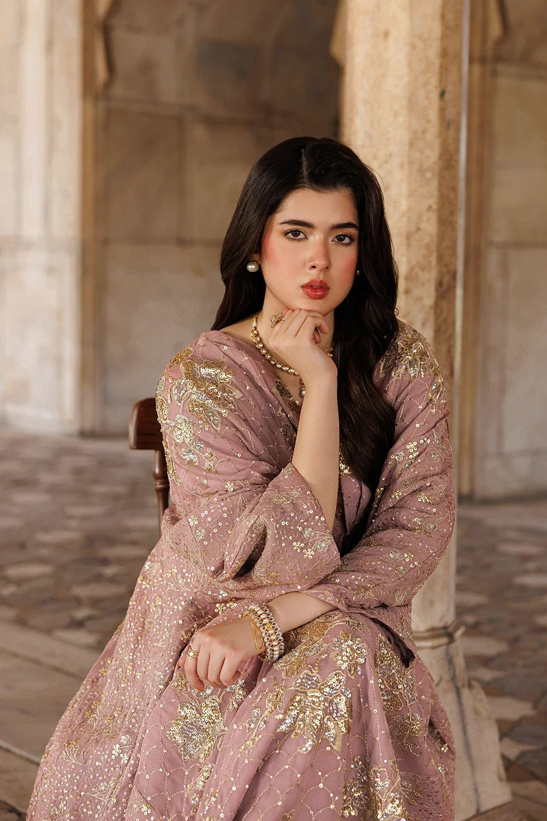 Rosewood Pink Gown with Metallic Gold Work | Ready To Wear
