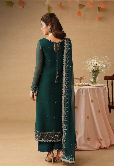 Emerald Green & Silver: Embroidered Chiffon Suit | Ready To Wear
