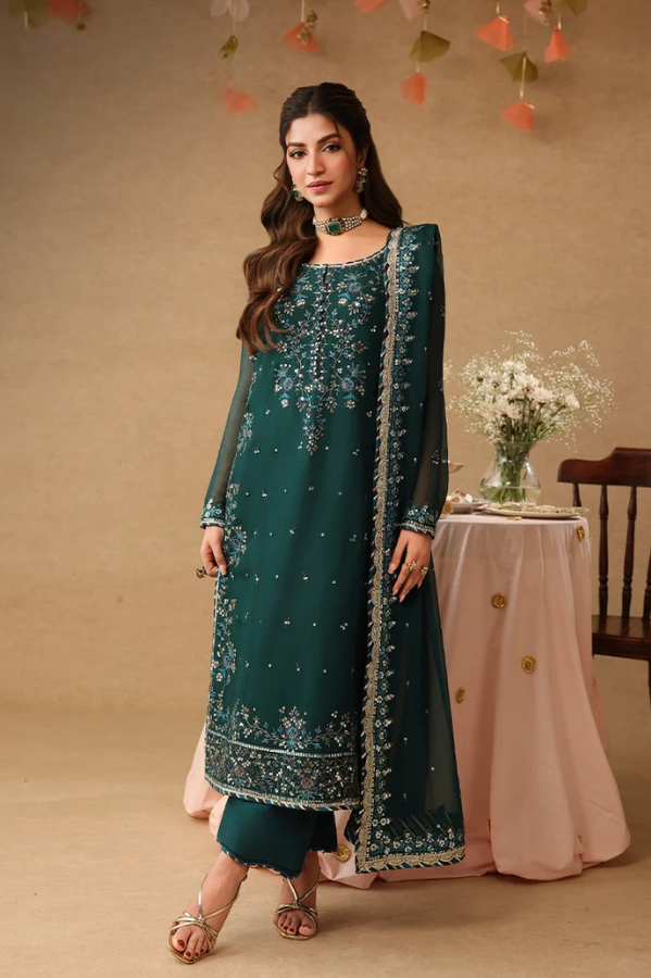 Emerald Green & Silver: Embroidered Chiffon Suit | Ready To Wear