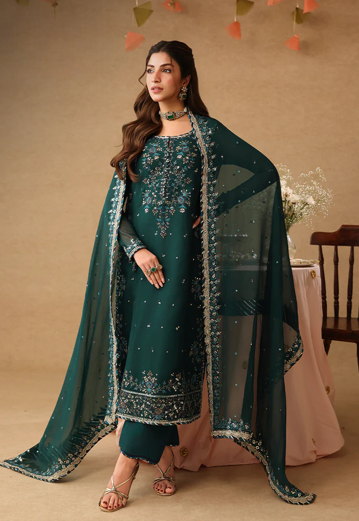 Emerald Green & Silver: Embroidered Chiffon Suit | Ready To Wear