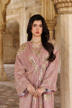 Rosewood Pink Gown with Metallic Gold Work | Ready To Wear