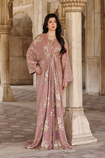 Rosewood Pink Gown with Metallic Gold Work | Ready To Wear