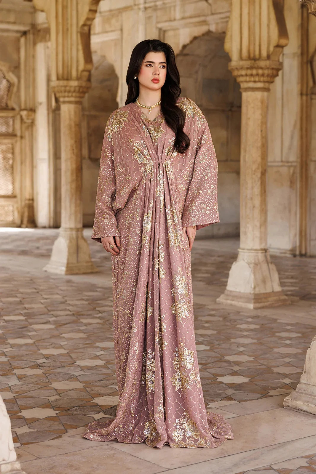 Rosewood Pink Gown with Metallic Gold Work | Ready To Wear