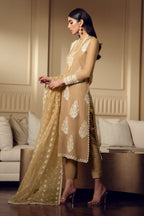 Biscuit Gold & Ivory: Embroidered Chiffon Suit With Malai Trouser | Ready To Wear
