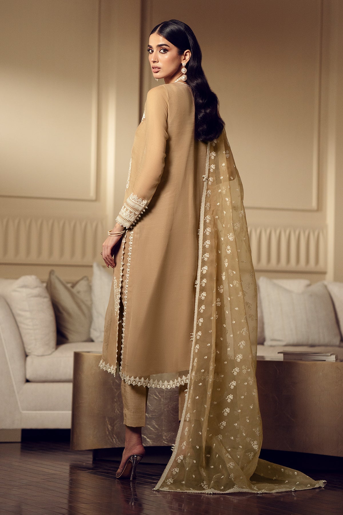 Biscuit Gold & Ivory: Embroidered Chiffon Suit With Malai Trouser | Ready To Wear