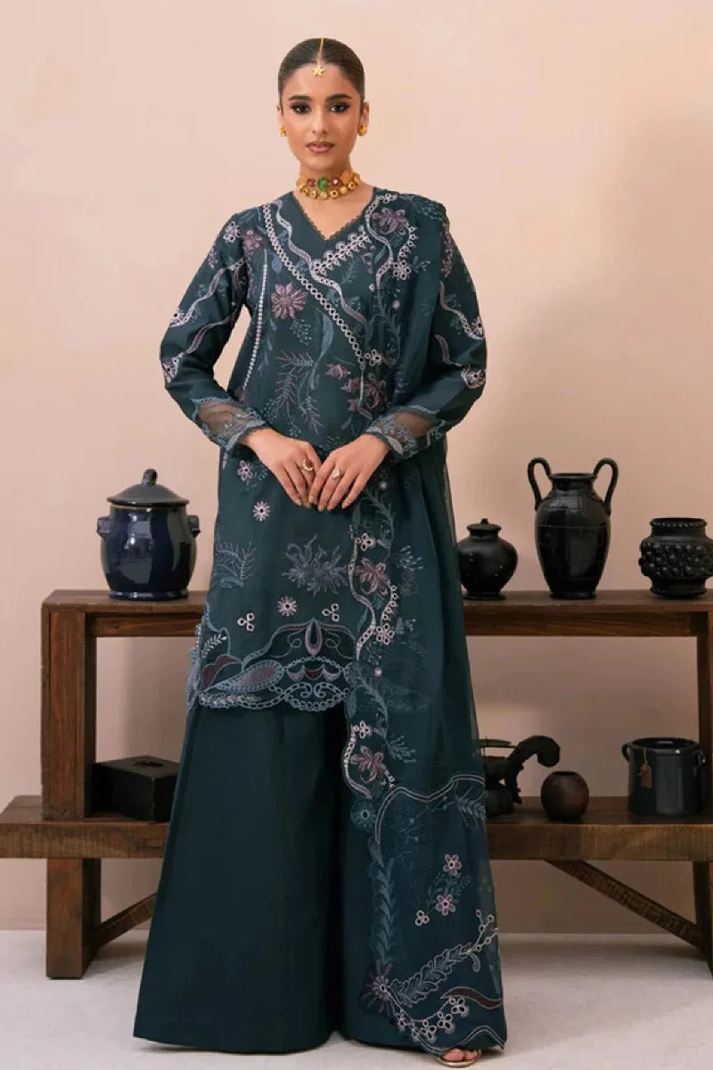 Deep Teal & Pastel: Floral Embroidered Lawn Suit | Ready To Wear