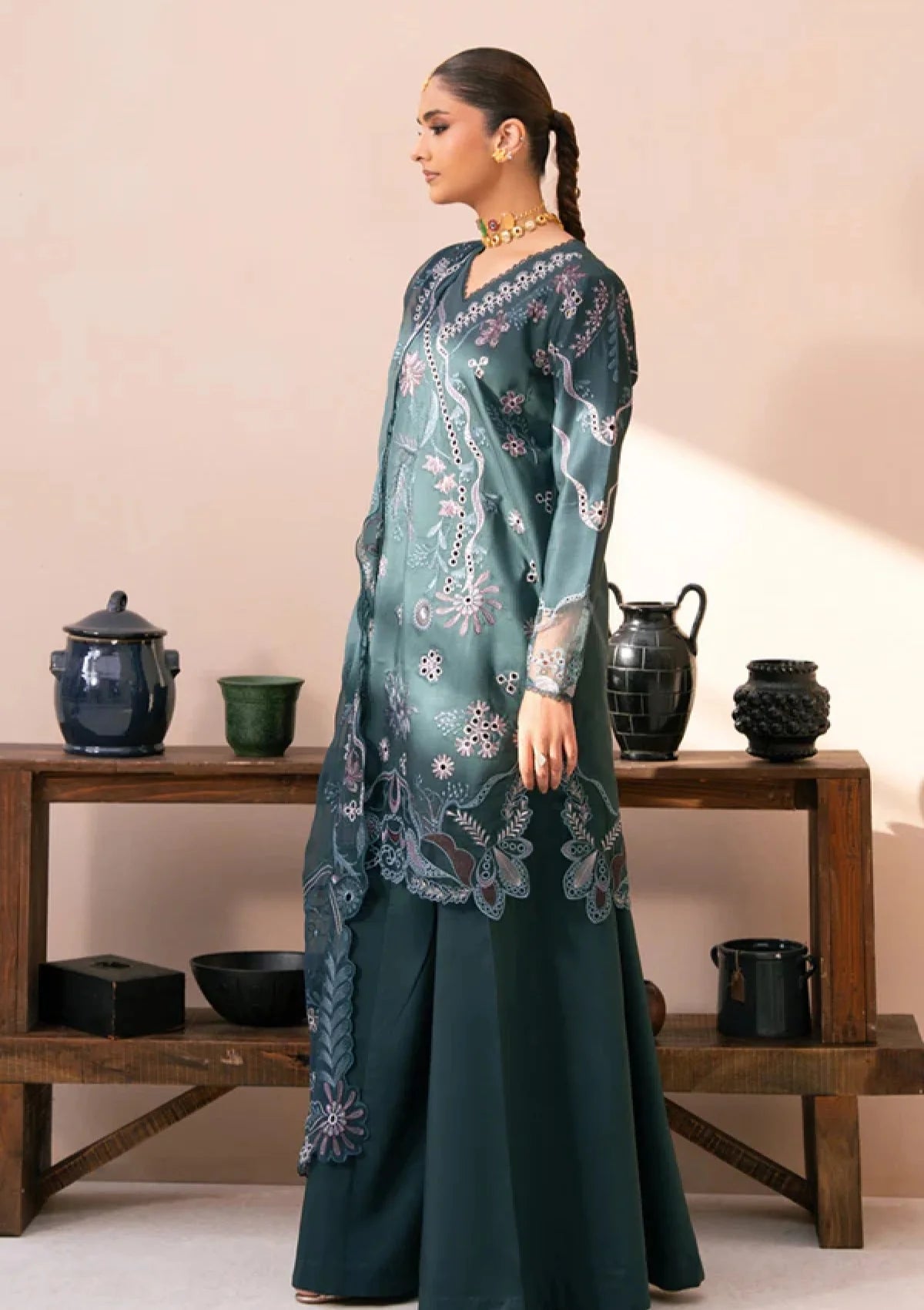 Deep Teal & Pastel: Floral Embroidered Lawn Suit | Ready To Wear