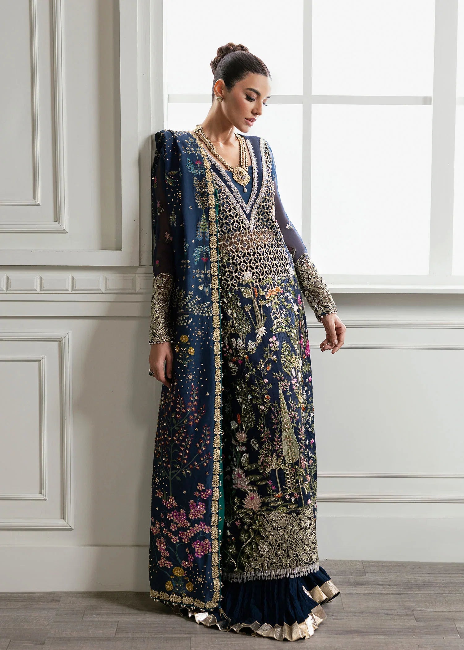 Midnight Navy & Gold: Embroidered Organza Long Shirt | Ready To Wear