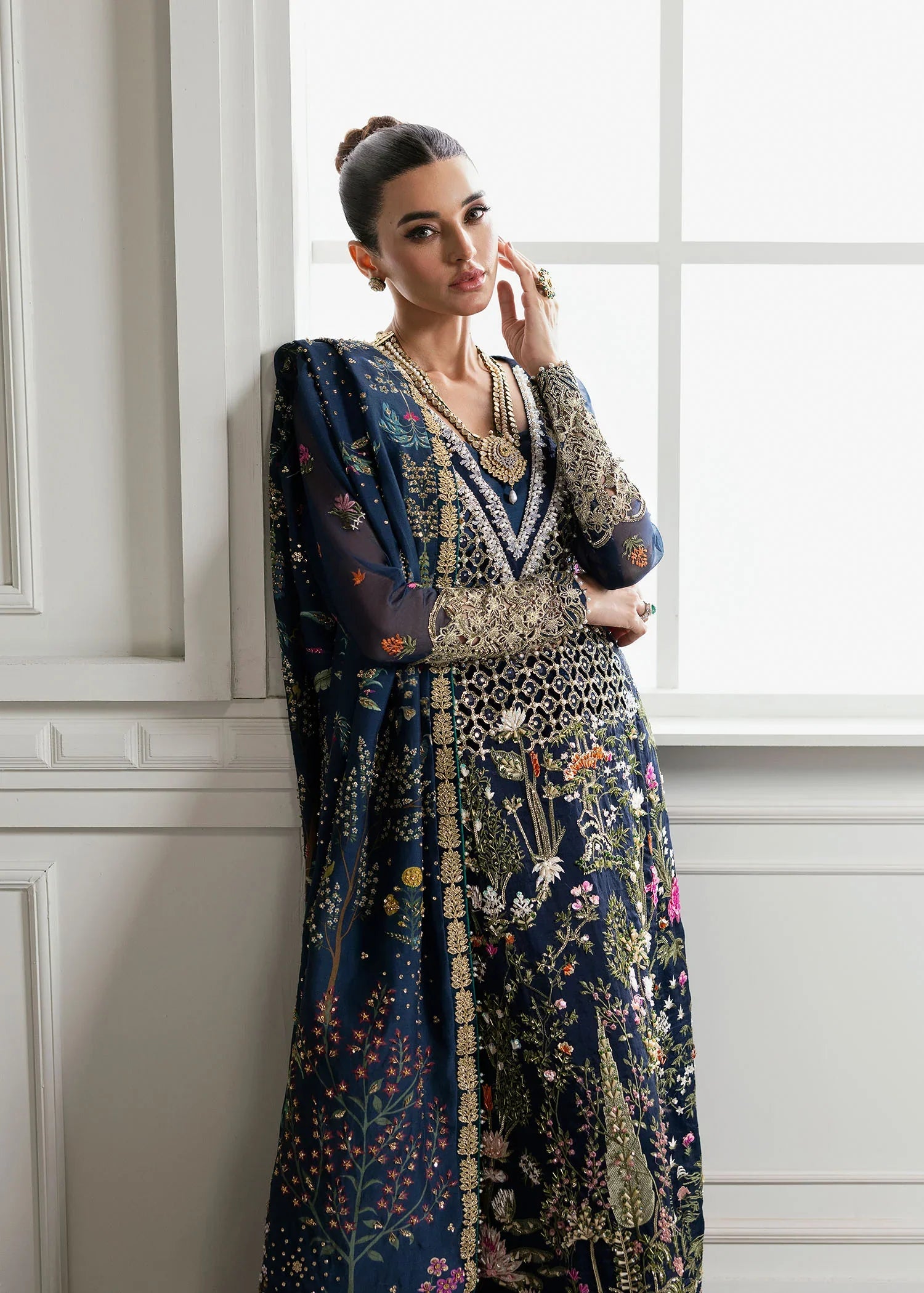 Midnight Navy & Gold: Embroidered Organza Long Shirt | Ready To Wear