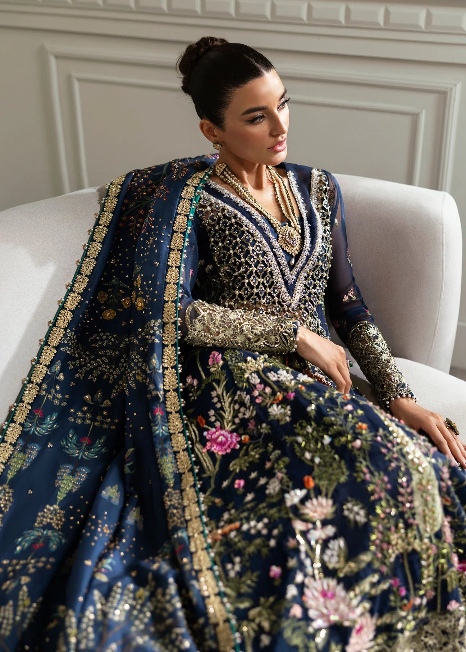 Midnight Navy & Gold: Embroidered Organza Long Shirt | Ready To Wear