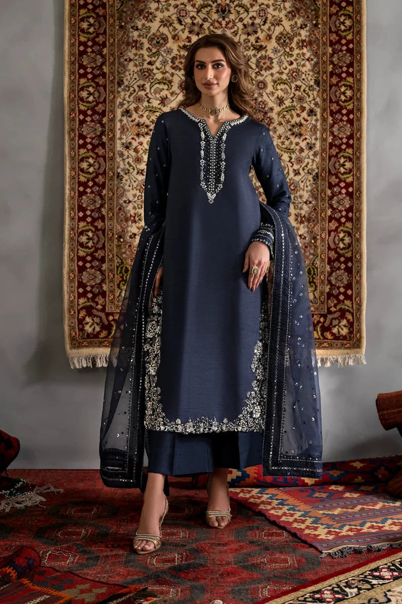 Obsidian Navy: Soft Charmuse Silk Suit | Ready To Wear