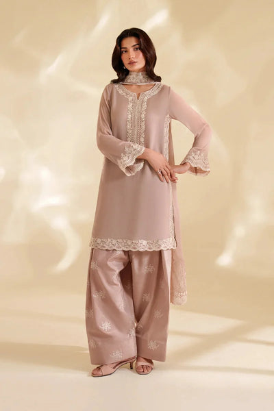 Ash Taupe & Off-White Accent: Embroidered Chiffon Suit | Ready To Wear