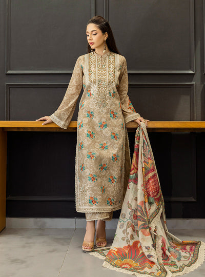 3 Piece Stitched Lawn Embroidery Suit - Ready To Wear