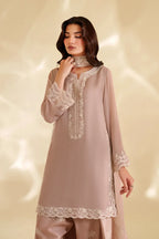 Ash Taupe & Off-White Accent: Embroidered Chiffon Suit | Ready To Wear