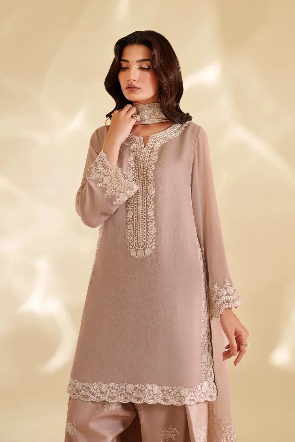 Ash Taupe & Off-White Accent: Embroidered Chiffon Suit | Ready To Wear