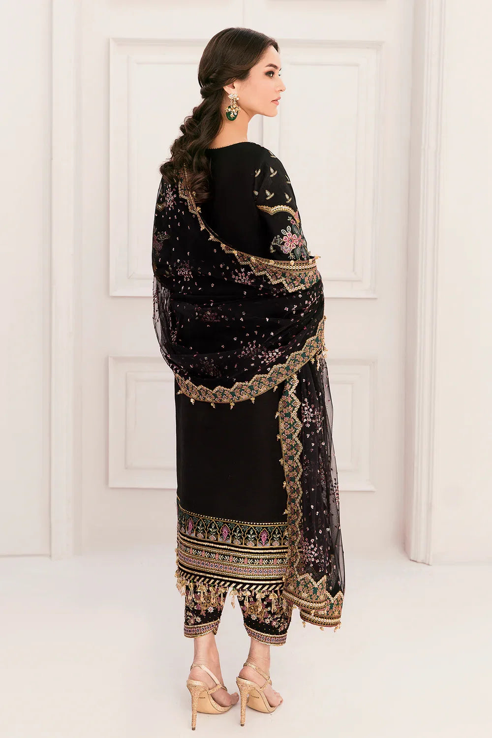 Jet Black & Multi-Color Paisley Embroidered Silk Suit | Ready To Wear