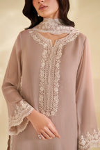 Ash Taupe & Off-White Accent: Embroidered Chiffon Suit | Ready To Wear