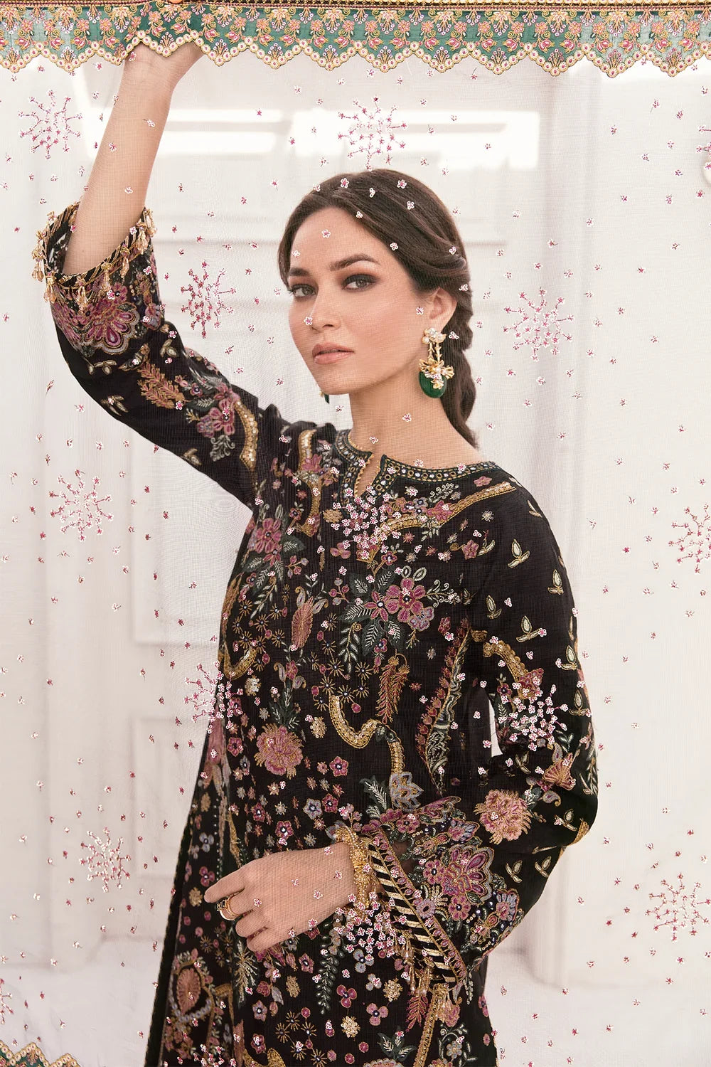 Jet Black & Multi-Color Paisley Embroidered Silk Suit | Ready To Wear