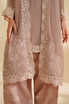 Ash Taupe & Off-White Accent: Embroidered Chiffon Suit | Ready To Wear