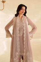 Ash Taupe & Off-White Accent: Embroidered Chiffon Suit | Ready To Wear