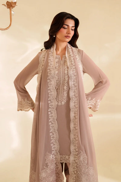 Ash Taupe & Off-White Accent: Embroidered Chiffon Suit | Ready To Wear