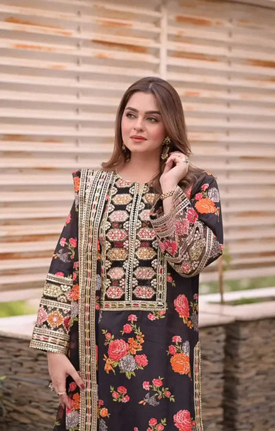 3 Piece Stitched Embroidery Silk Suit - Ready To Wear