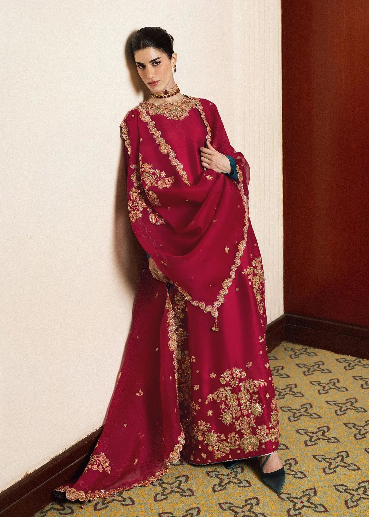 Deep Magenta Pink & Gold Embroidered Silk Suit | Ready To Wear