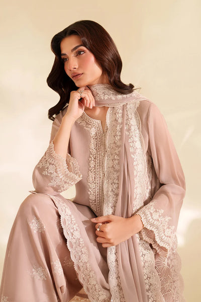 Ash Taupe & Off-White Accent: Embroidered Chiffon Suit | Ready To Wear
