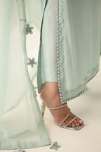 Pastel Mint & Pearl Silver Accent: Embroidered Chiffon Suit  | Ready To Wear