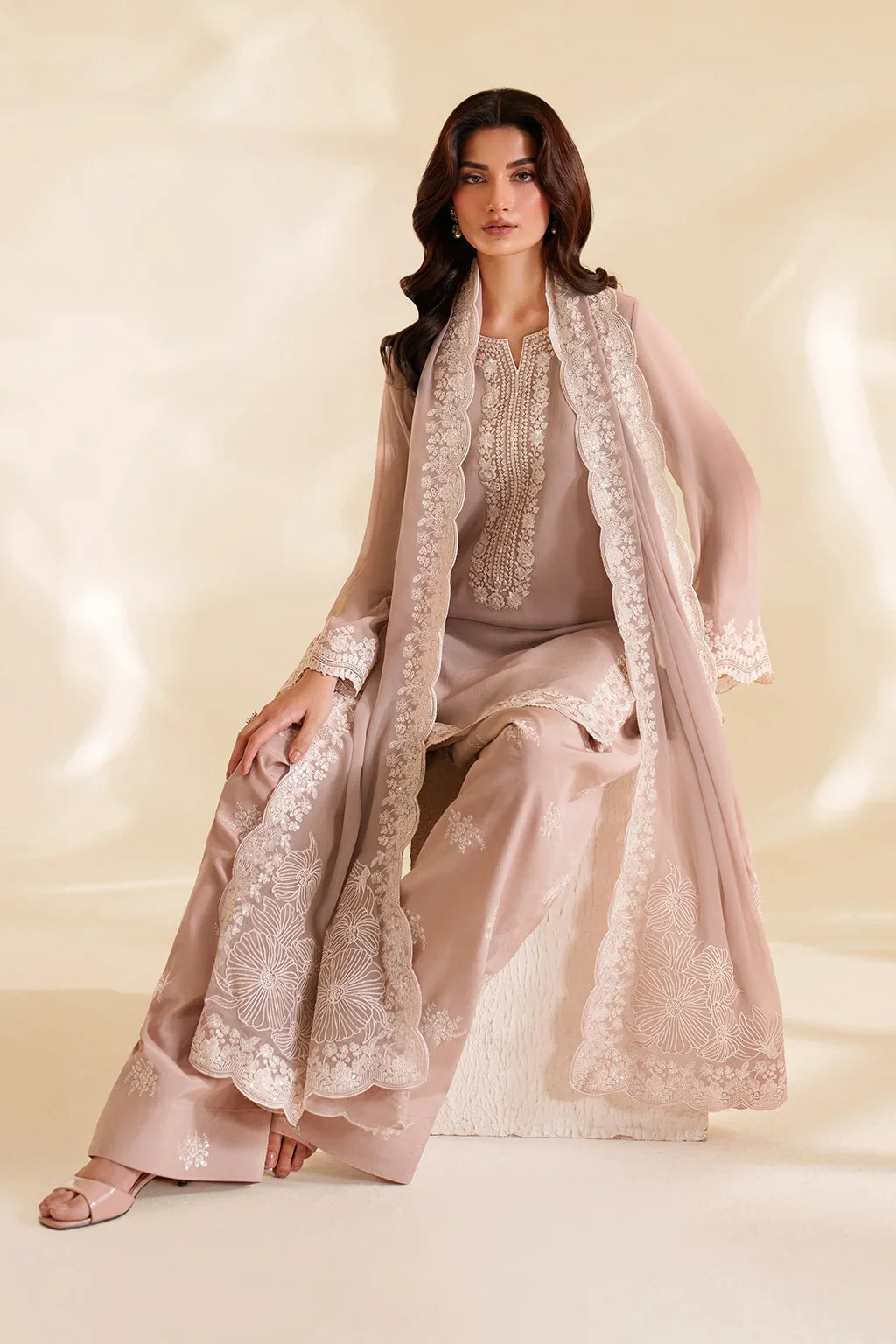 Ash Taupe & Off-White Accent: Embroidered Chiffon Suit | Ready To Wear