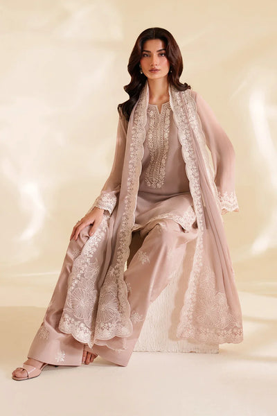 Ash Taupe & Off-White Accent: Embroidered Chiffon Suit | Ready To Wear