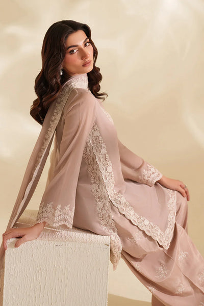 Ash Taupe & Off-White Accent: Embroidered Chiffon Suit | Ready To Wear