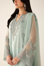 Pastel Mint & Pearl Silver Accent: Embroidered Chiffon Suit  | Ready To Wear