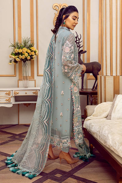 Muted Sage Teal & Ivory Accent: Embroidered Chiffon Suit | Ready To Wear