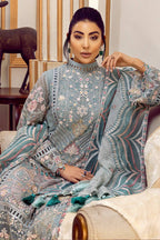 Muted Sage Teal & Ivory Accent: Embroidered Chiffon Suit | Ready To Wear