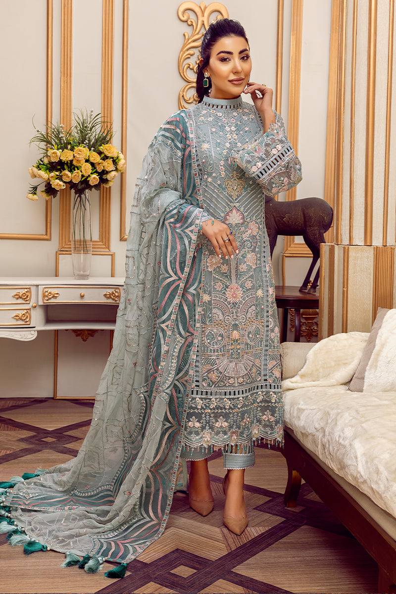 Muted Sage Teal & Ivory Accent: Embroidered Chiffon Suit | Ready To Wear