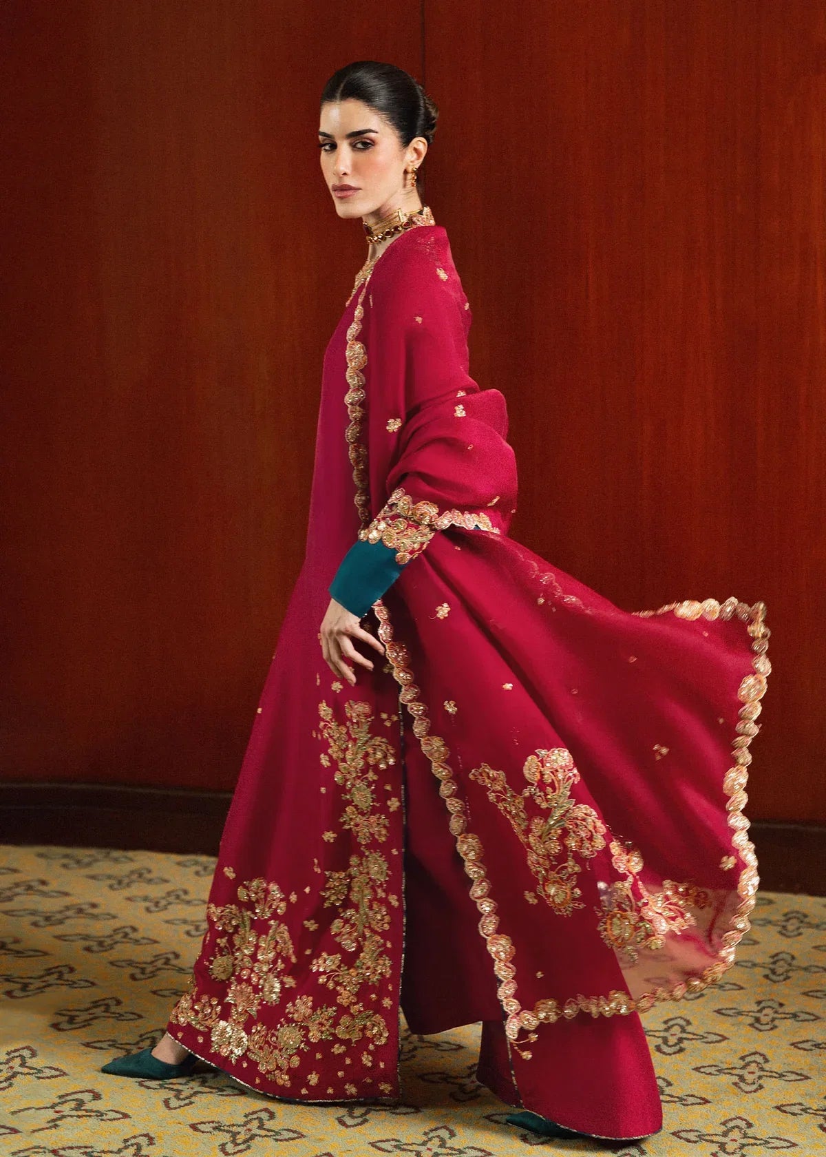 Deep Magenta Pink & Gold Embroidered Silk Suit | Ready To Wear