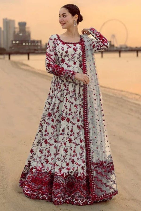 Off-White & Ruby Red: Embroidered Lawn Suit (Maxi Style) - Ready To Wear