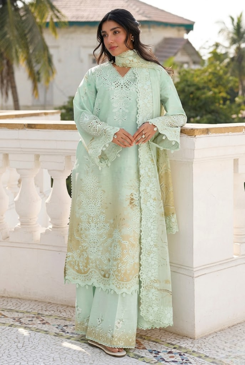 Mint Meadow: Printed Lawn Suit With Embroidery | Ready To Wear