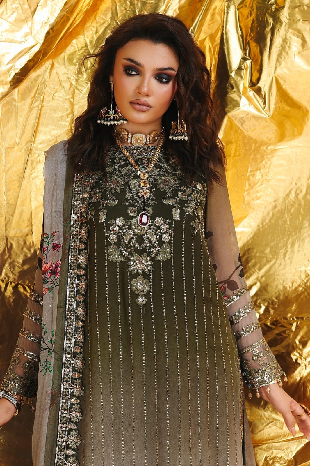 Olive & Silver Grey Tie-Dye: Embroidered Chiffon Suit | Ready To Wear