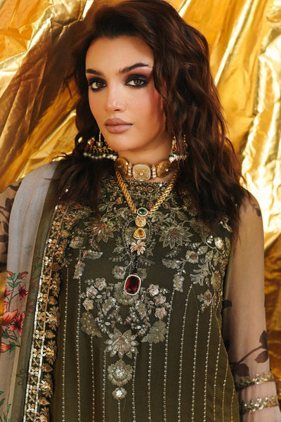Olive & Silver Grey Tie-Dye: Embroidered Chiffon Suit | Ready To Wear