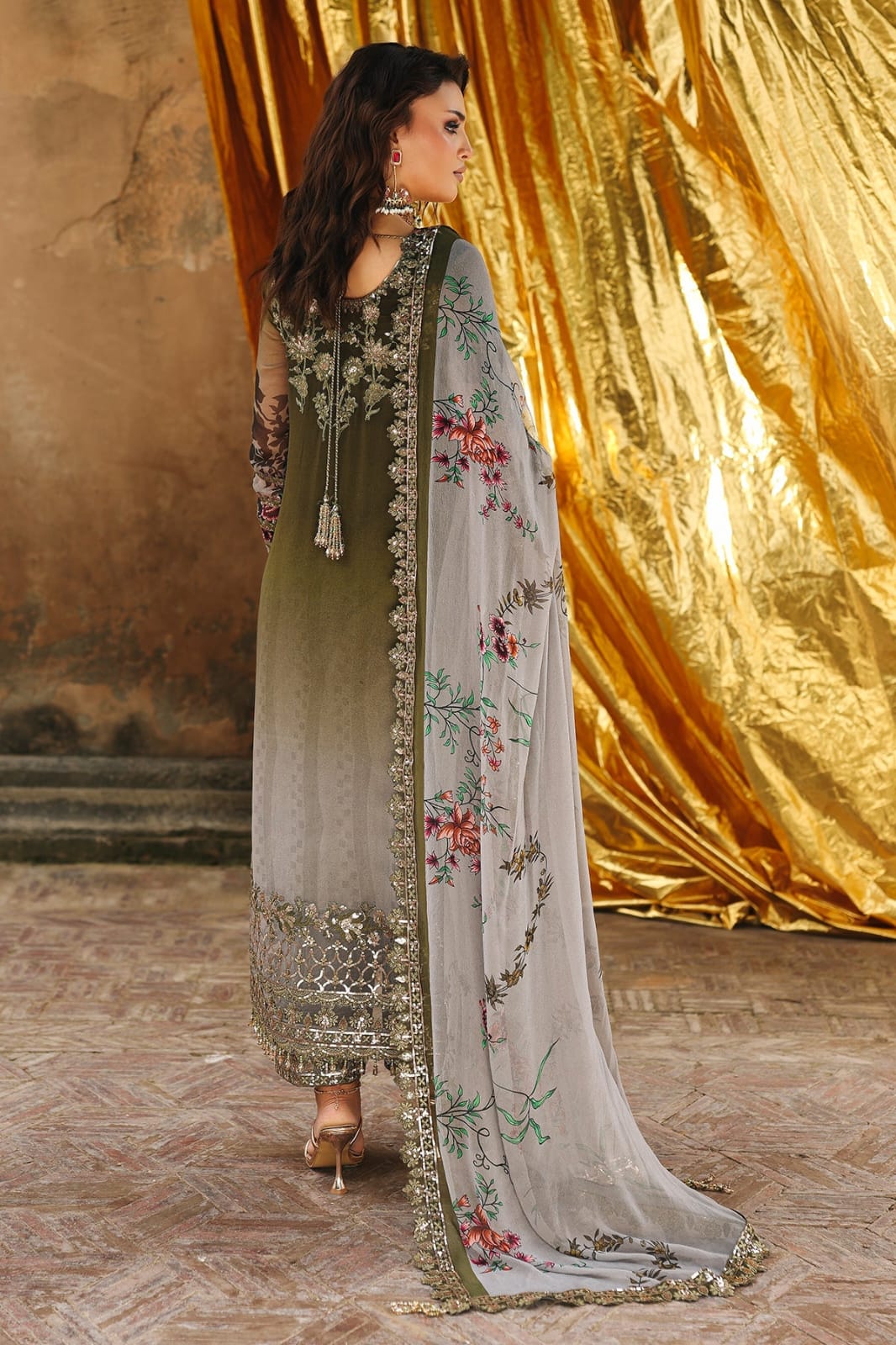 Olive & Silver Grey Tie-Dye: Embroidered Chiffon Suit | Ready To Wear