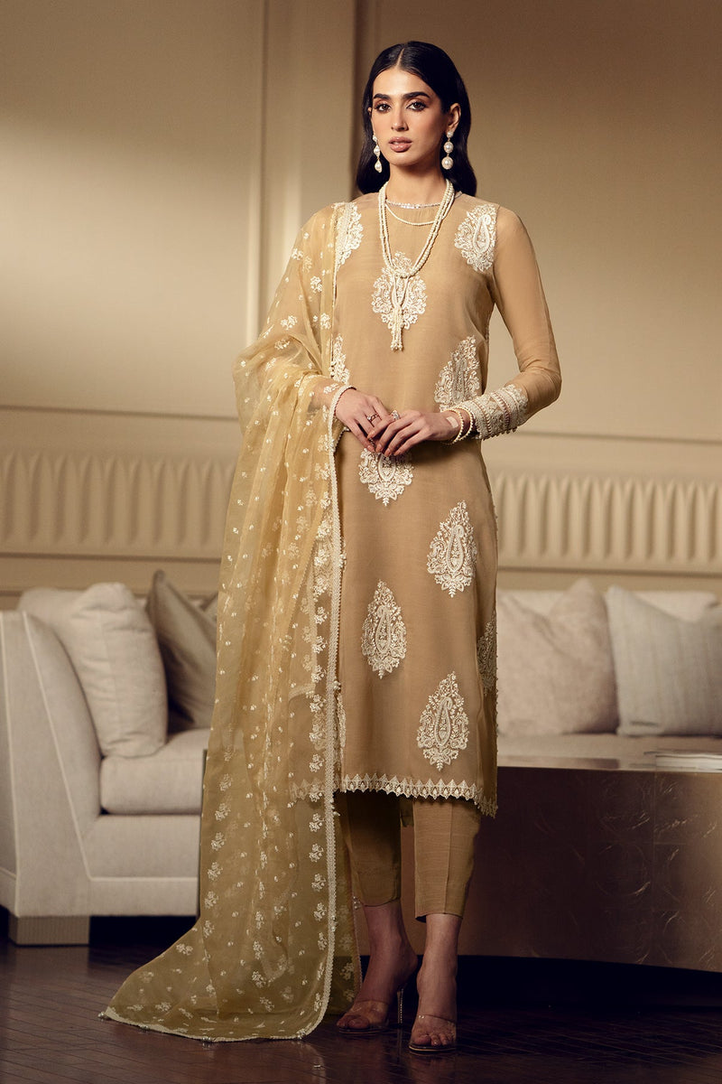 Biscuit Gold & Ivory: Embroidered Chiffon Suit With Malai Trouser | Ready To Wear
