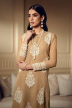 Biscuit Gold & Ivory: Embroidered Chiffon Suit With Malai Trouser | Ready To Wear