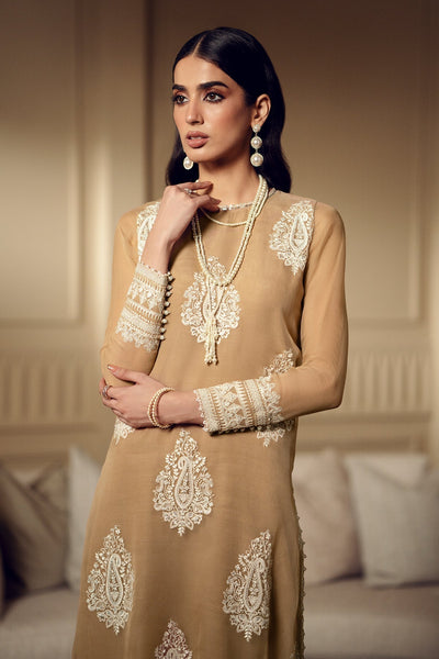 Biscuit Gold & Ivory: Embroidered Chiffon Suit With Malai Trouser | Ready To Wear