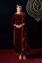 Deep Maroon Velvet & Gold Embroidered Suit | Ready To Wear