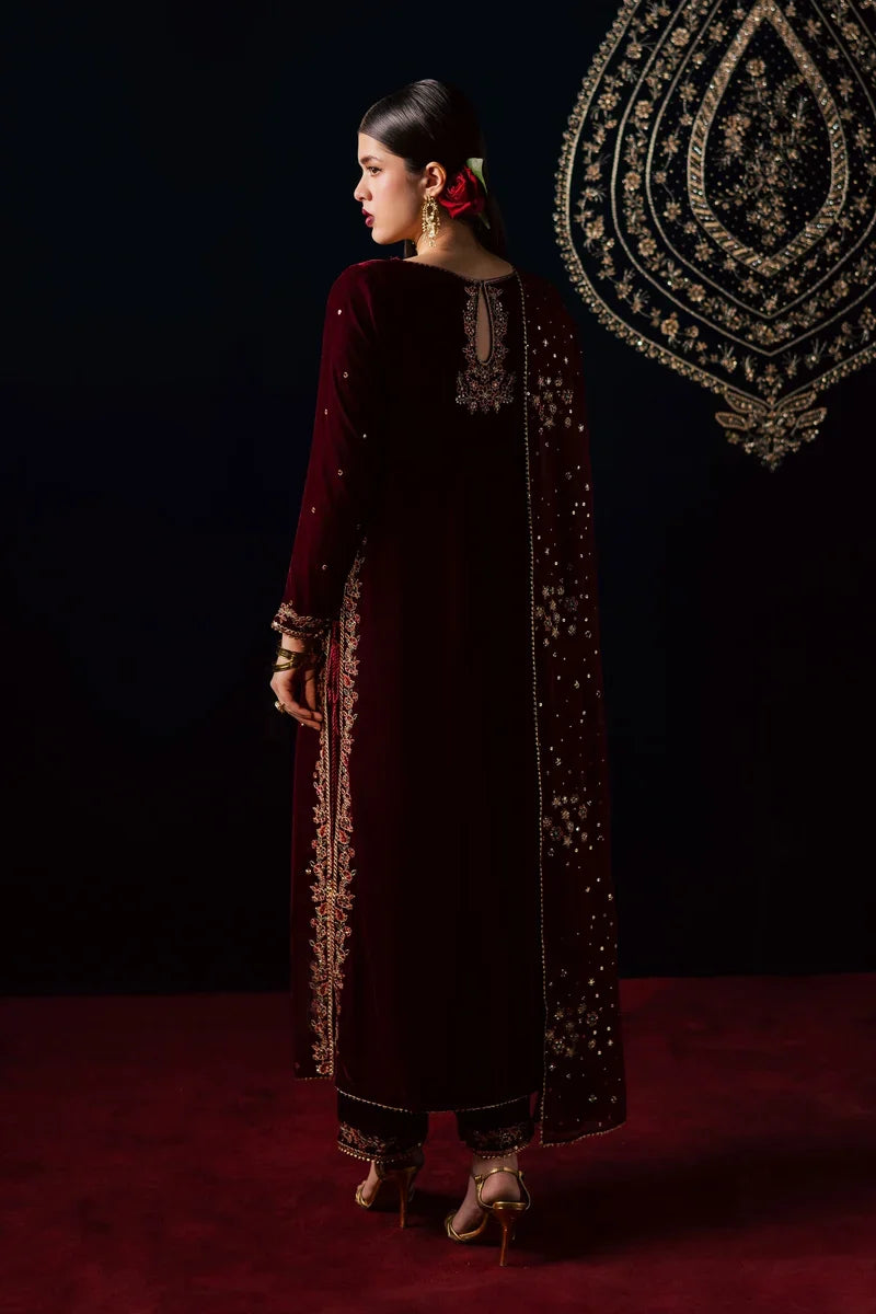 Deep Maroon Velvet & Gold Embroidered Suit | Ready To Wear