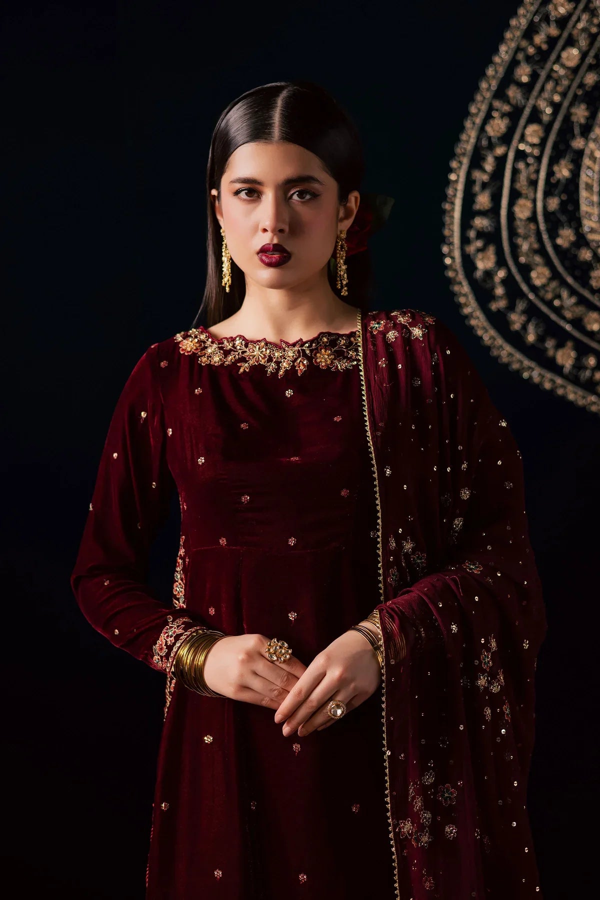 Deep Maroon Velvet & Gold Embroidered Suit | Ready To Wear