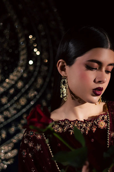 Deep Maroon Velvet & Gold Embroidered Suit | Ready To Wear